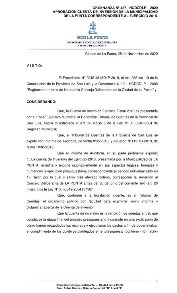 thumbnail of ORDENANZA Nº 427 -APROBACION CUENTA DE INVERSIÓN MUNICIPALIDAD DE LA PUNTA EJERCICIO 2018
