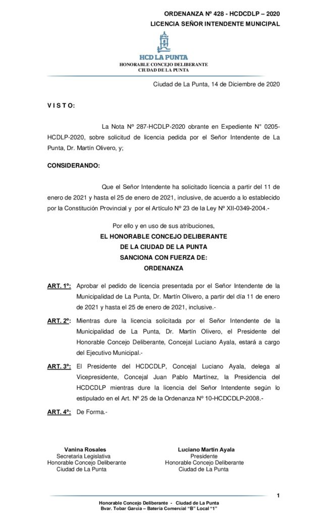 thumbnail of ORDENANZA Nº 428 -APROBACION LICENCIA SR. INTENDENTE MUNICIPAL
