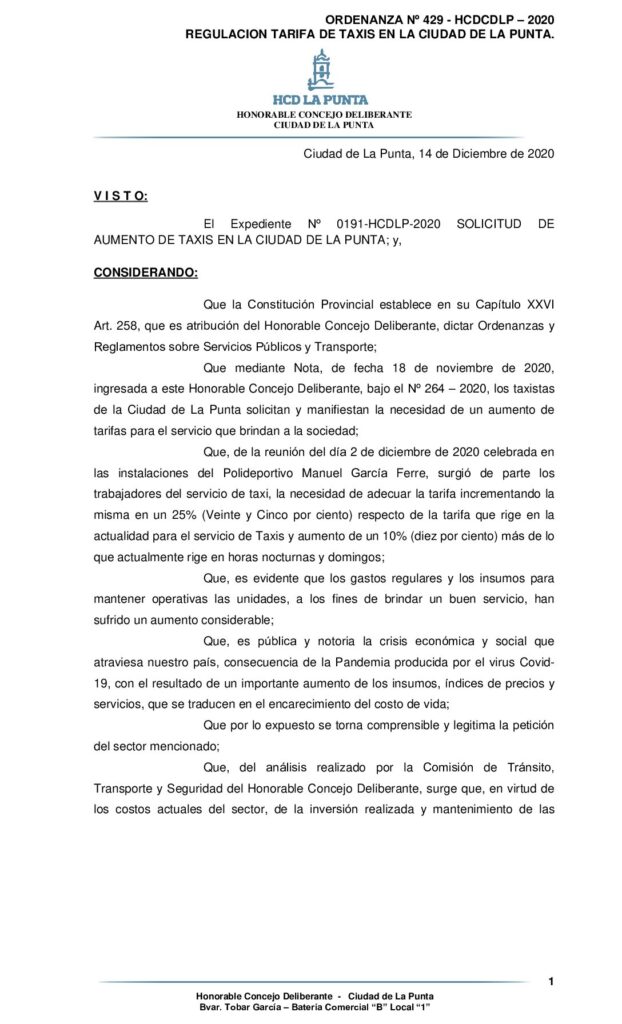 thumbnail of ORDENANZA Nº 429 -APROBACION TARIFA DE TAXIS EN LA CIUDAD DE LA PUNTA
