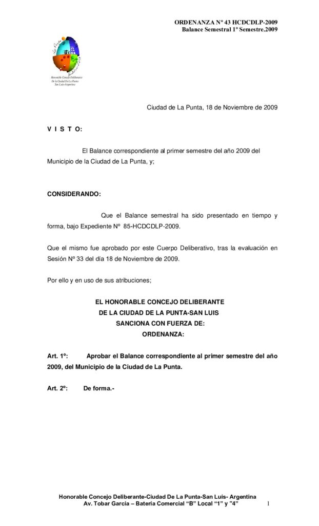 thumbnail of ORDENANZA Nº 43 BALANCE 1º SEM-2009