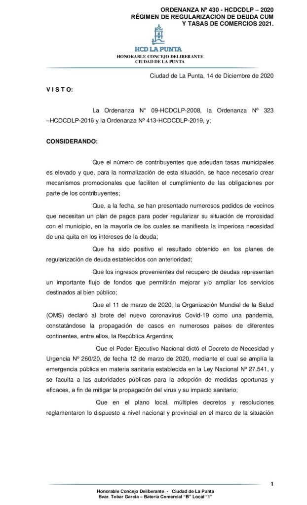 thumbnail of ORDENANZA Nº 430 -APROBACION REGIMEN DE REGULACION DE DEUDAS 2021