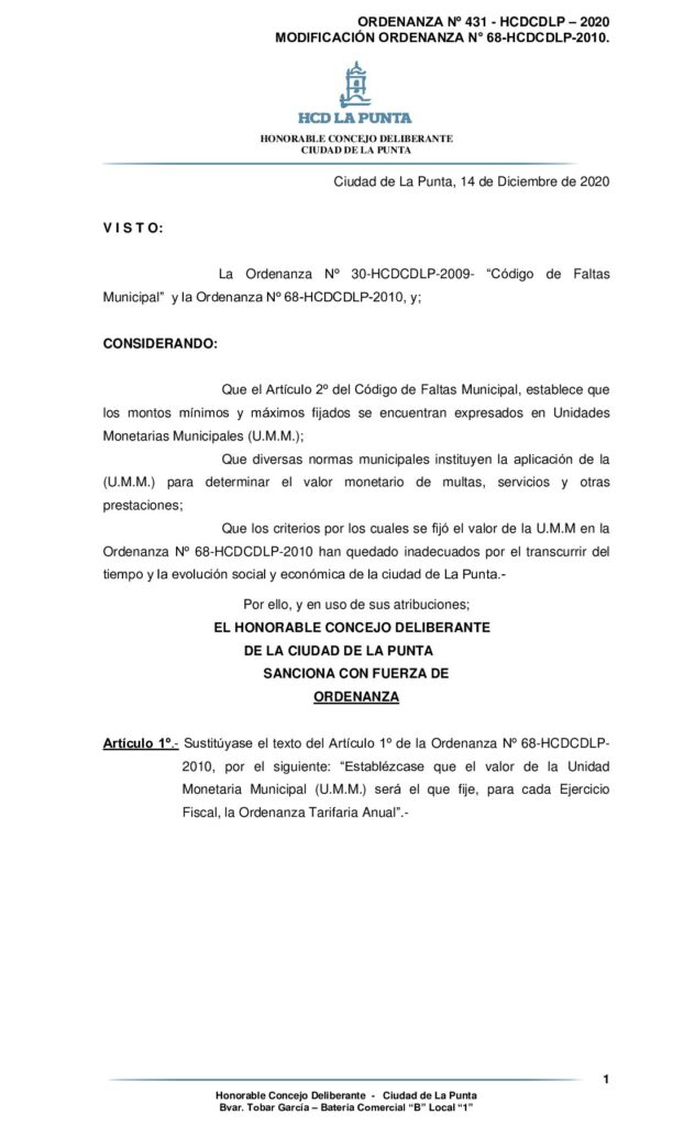 thumbnail of ORDENANZA Nº 431 -APROBACION MODIFICACION ORDENANZA 68-2010