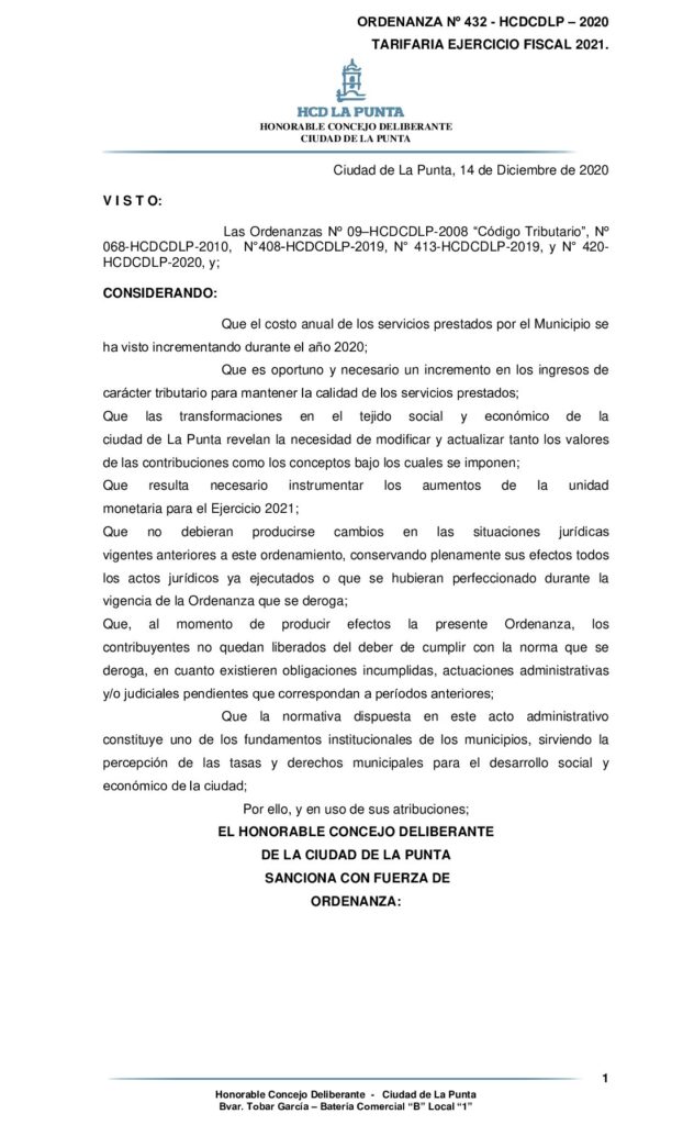 thumbnail of ORDENANZA Nº 432 -APROBACION TARIFARIA EJERCICIO FISCAL 2021