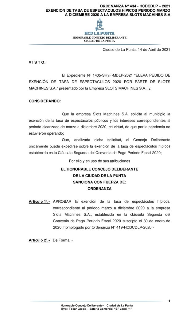 thumbnail of ORDENANZA Nº 434 -EXENCION TASA DE ESPECTACULOS HIPICOS SLOTS MACHINES