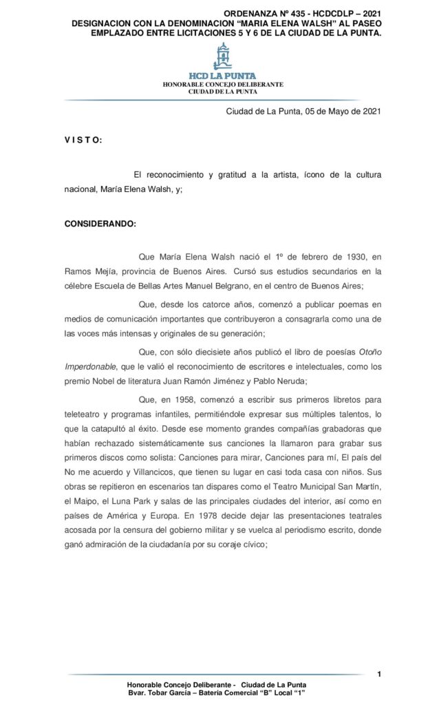 thumbnail of ORDENANZA Nº 435 -DENOMINACION “MARIA ELENA WALSH” PASEO EMPLAZADO ENTRE LIC. 5 Y 6 DE LA CIUDAD DE LA PUNTA