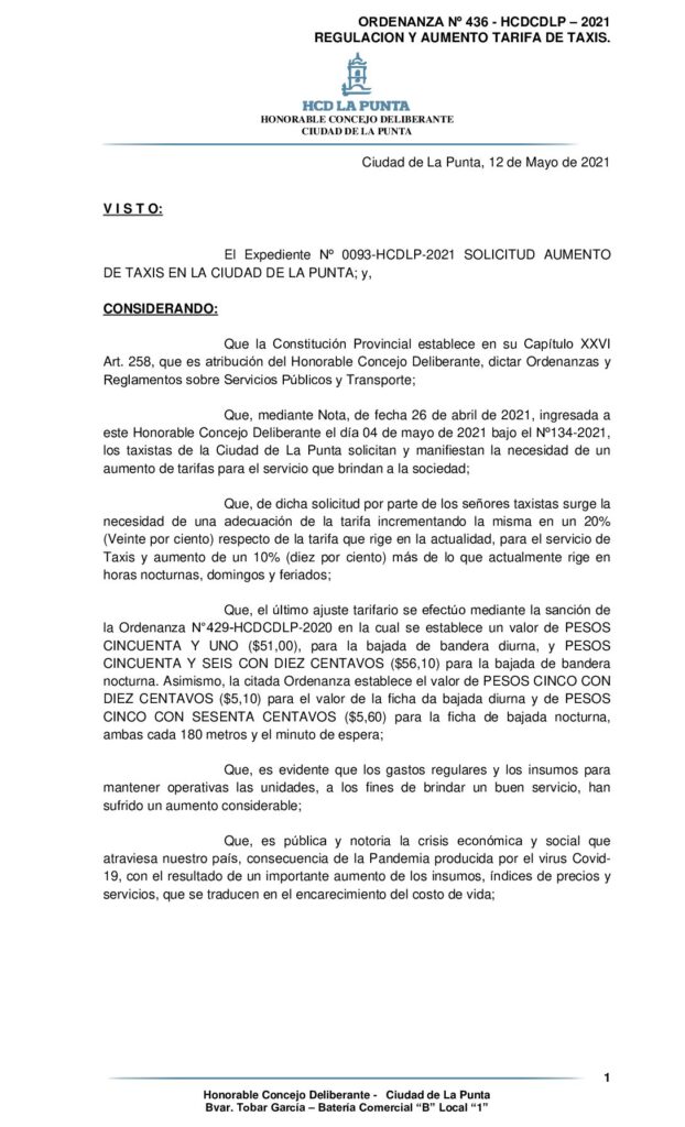 thumbnail of ORDENANZA Nº 436 – REGULACION Y AUMENTO TARIFA DE TAXIS