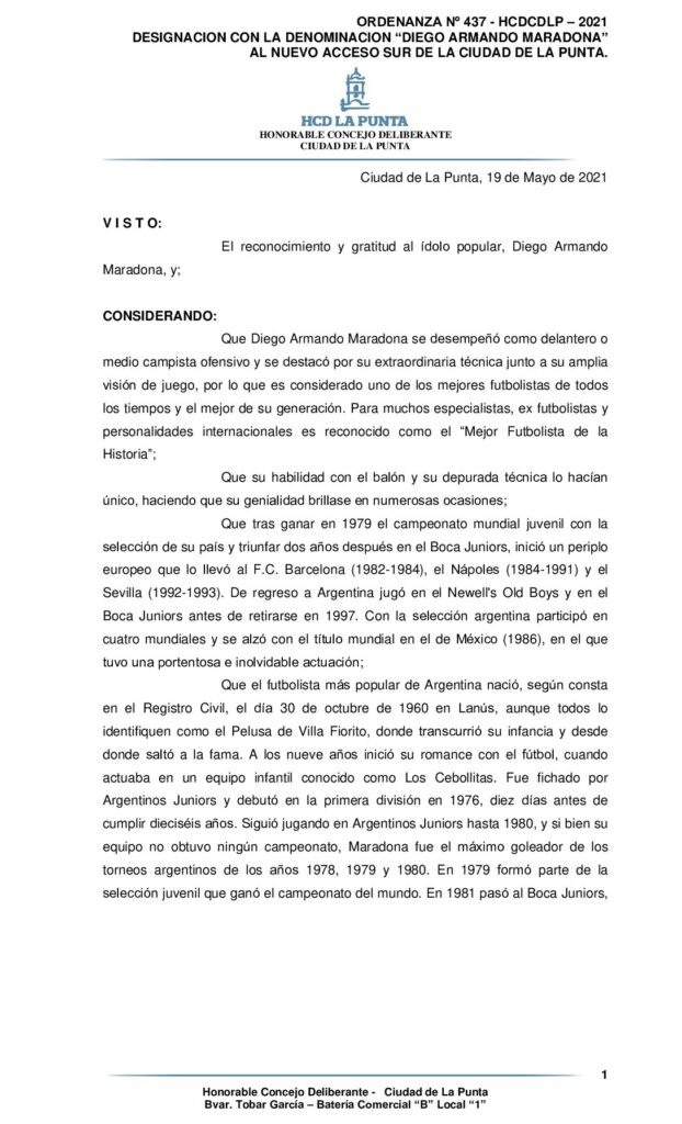 thumbnail of ORDENANZA Nº 437 – DESIGNACION DIEGO ARMANDO MARADONA NUEVO ACCESO SUR DE LA CIUDAD DE LA PUNTA