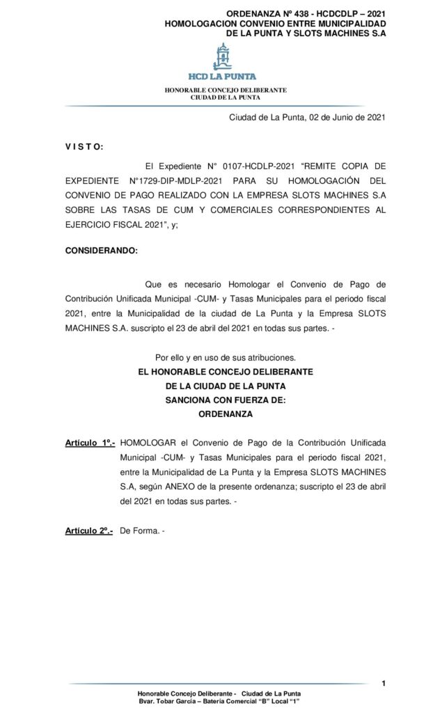 thumbnail of ORDENANZA Nº 438 – HOMOLOGACION CONVENIO SLOTS MACHINES EJERCICIO 2021