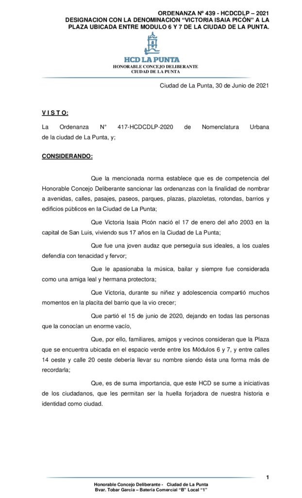 thumbnail of ORDENANZA Nº 439 – DESIGNACION CON DENOMINACION VICTORIA ISAIA PICON