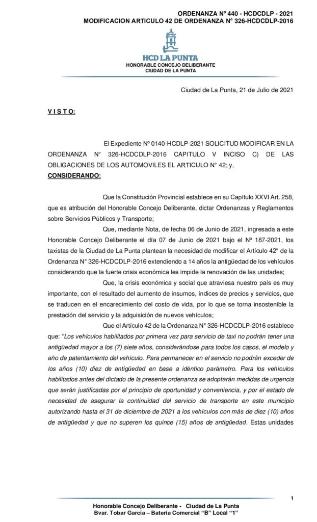 thumbnail of ORDENANZA Nº 440 – MODIFICACION ART 42 ORDENANZA 326-2016