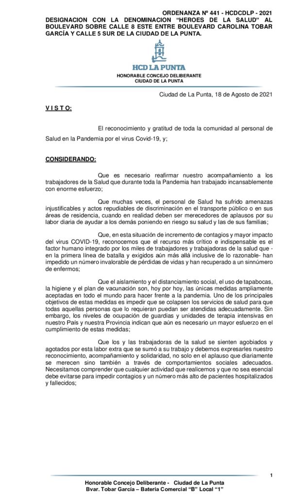 thumbnail of ORDENANZA Nº 441 – DESIGNACION CON LA DENOMINACION HEROES DE LA SALUD AL BOULEVARD SOBRE CALLE 8 ESTE