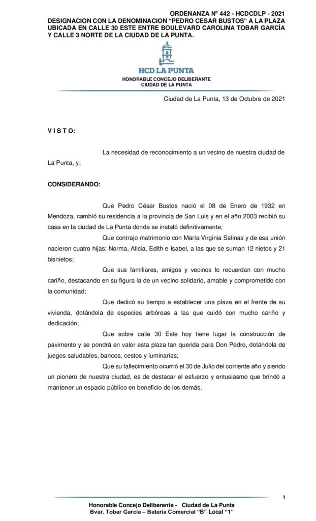 thumbnail of ORDENANZA Nº 442 – DESIGNACION CON LA DENOMINACION PEDRO CESAR BUSTOS