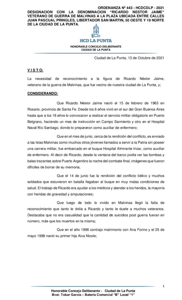 thumbnail of ORDENANZA Nº 443 – DESIGNACION CON LA DENOMINACION RICARDO NESTOR JAIME VETERANO DE GUERRA DE MALVINAS