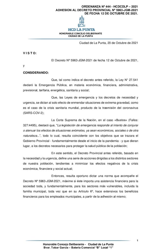 thumbnail of ORDENANZA Nº 444 – ADHESION AL DECRETO PROVINCIAL Nº 5963-JGM-2021