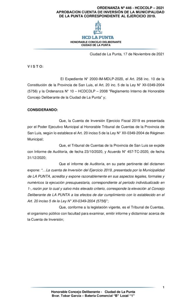 thumbnail of ORDENANZA Nº 446 – APROBACION CUENTA DE INVERSIÓN MDLP 2019