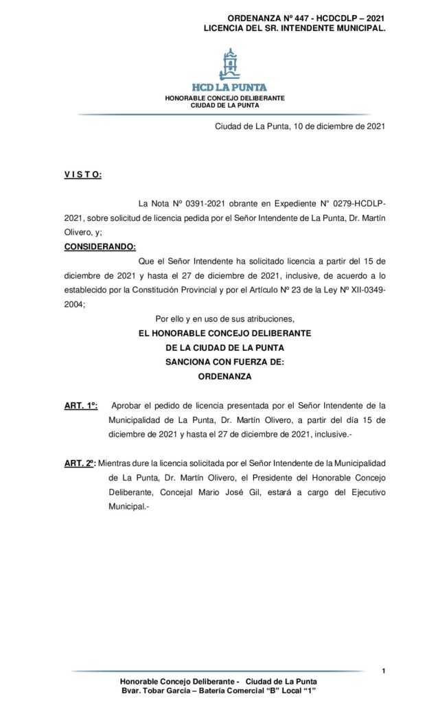 thumbnail of ORDENANZA Nº 447- licencia sr. intendente municipal