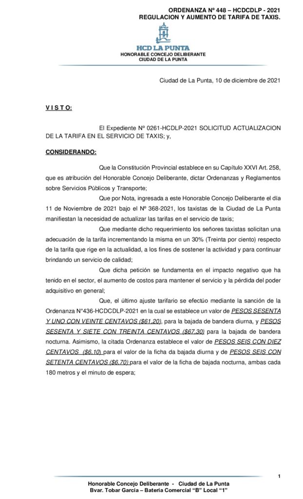 thumbnail of ORDENANZA Nº 448 – AUMENTO TARIFA TAXIS DICIEMBRE 2021