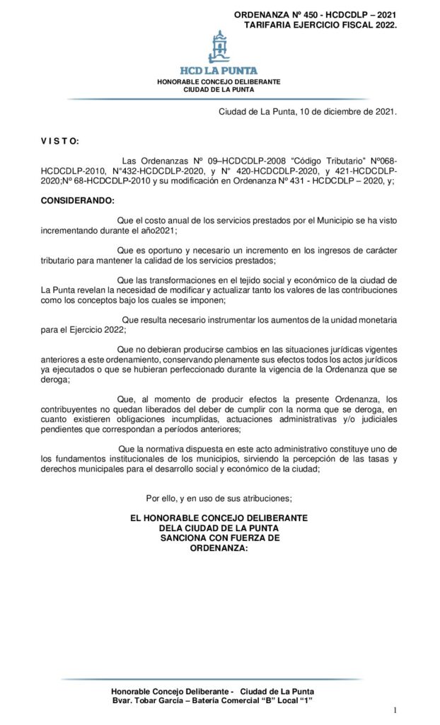 thumbnail of ORDENANZA Nº 450 TARIFARIA EJERCICIO FISCAL 2022