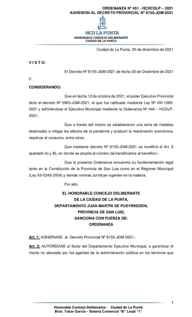 thumbnail of ORDENANZA Nº 451 – ADHESION AL DECRETO PROVINCIAL Nº 8155-JGM-2021