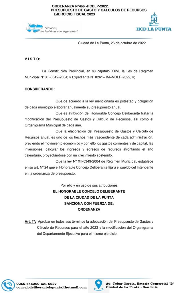 thumbnail of ORDENANZA Nº 466- PRESUPUESTO DE GASTO Y CALCULOS DE RECURSOS EJERCICIO FISCAL 2023
