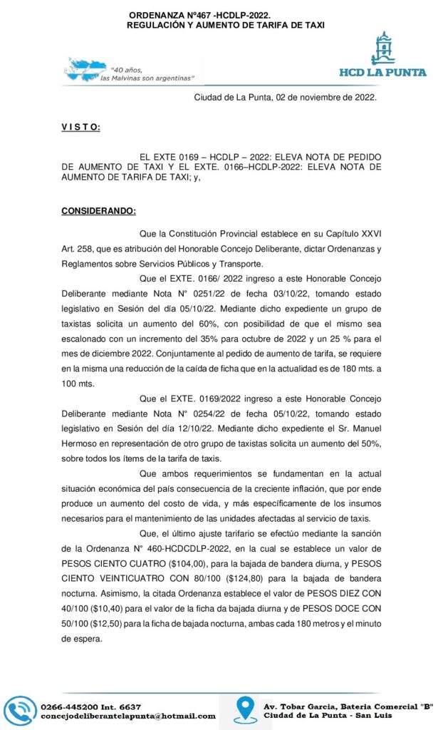 thumbnail of ORDENANZA Nº 467. REGULACION Y AUMENTO DE TAXIS