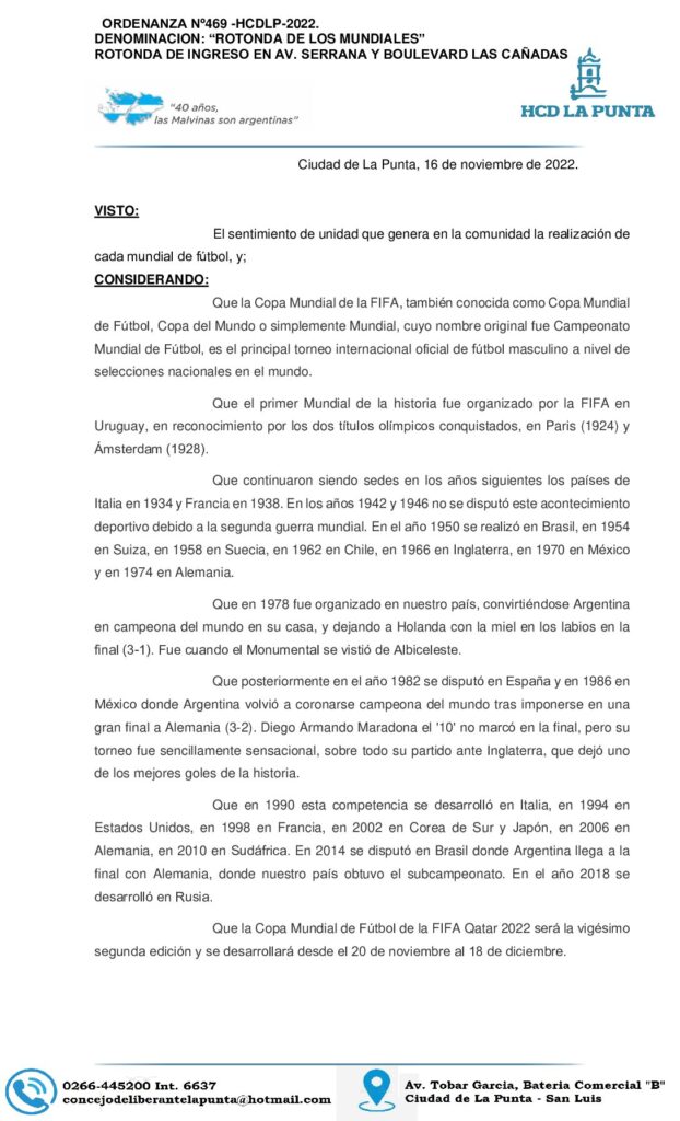 thumbnail of ORDENANZA Nº 469. DENOMINACION ROTONDA DE LOS MUNDIALES