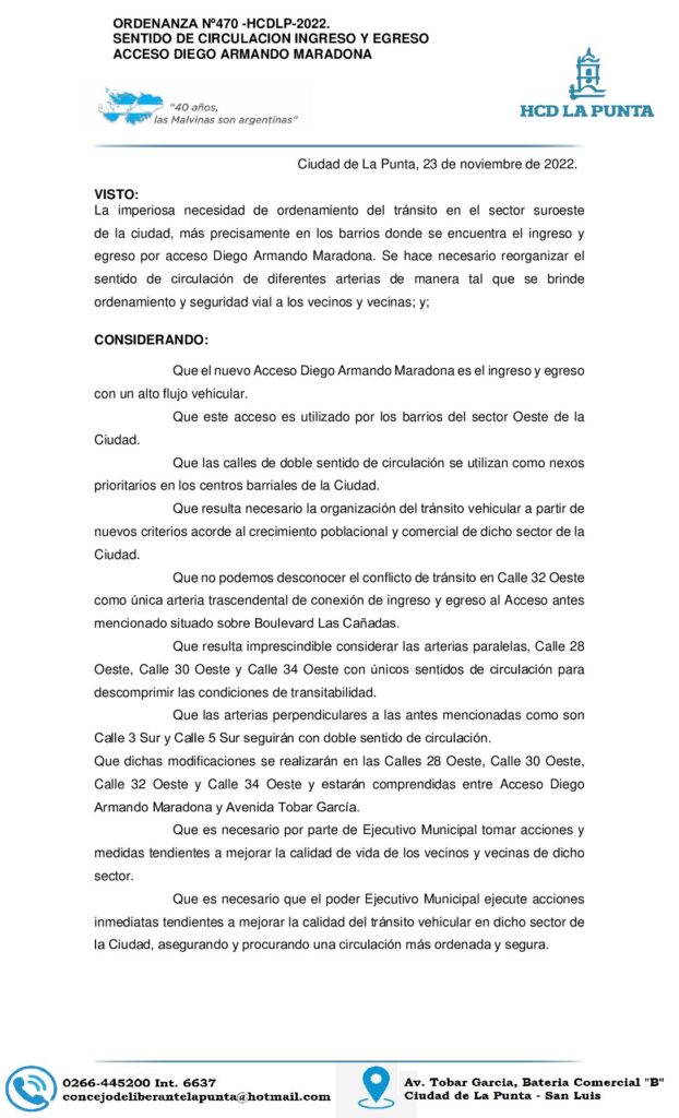 thumbnail of ORDENANZA Nº 470. CIRCULACION INGRESO Y EGRESO ACCESO DIEGO ARMANDO MARADONA