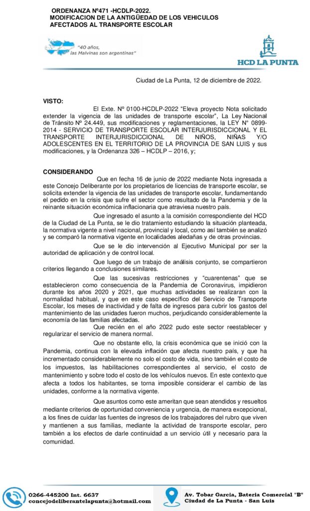 thumbnail of ORDENANZA Nº 471. MODIFICACION DE LA ANTIGUEDAD DE LOS VEHICULOS AFECTADOS AL TRANSPORTE ESCOLAR