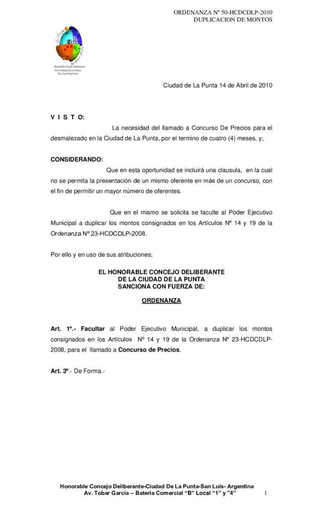 thumbnail of ORDENANZA Nº 50 DUPLICACION DE MONTOS