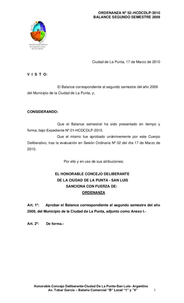 thumbnail of ORDENANZA Nº 52 BALANCE 2º SEM-2009