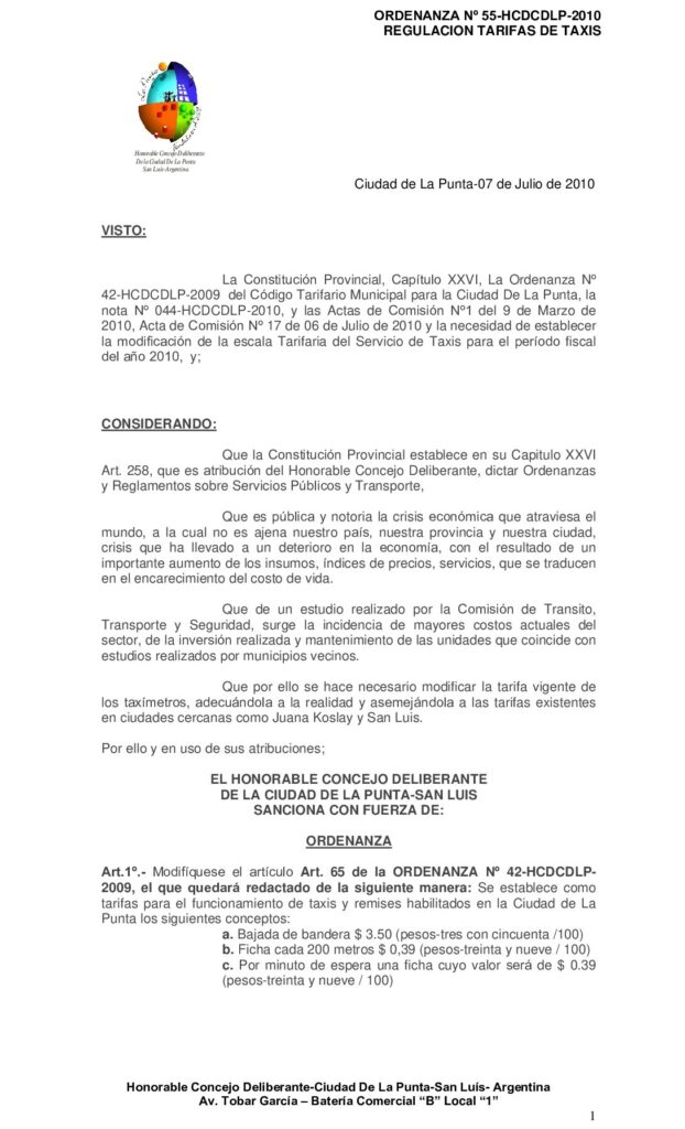 thumbnail of ORDENANZA Nº 55 – tarifa taxi 2010