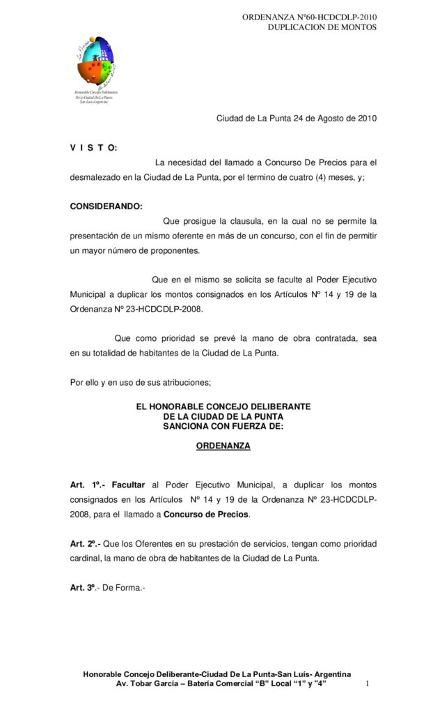 thumbnail of ORDENANZA Nº 60 DUPLICACION DE MONTOS AGOSTO