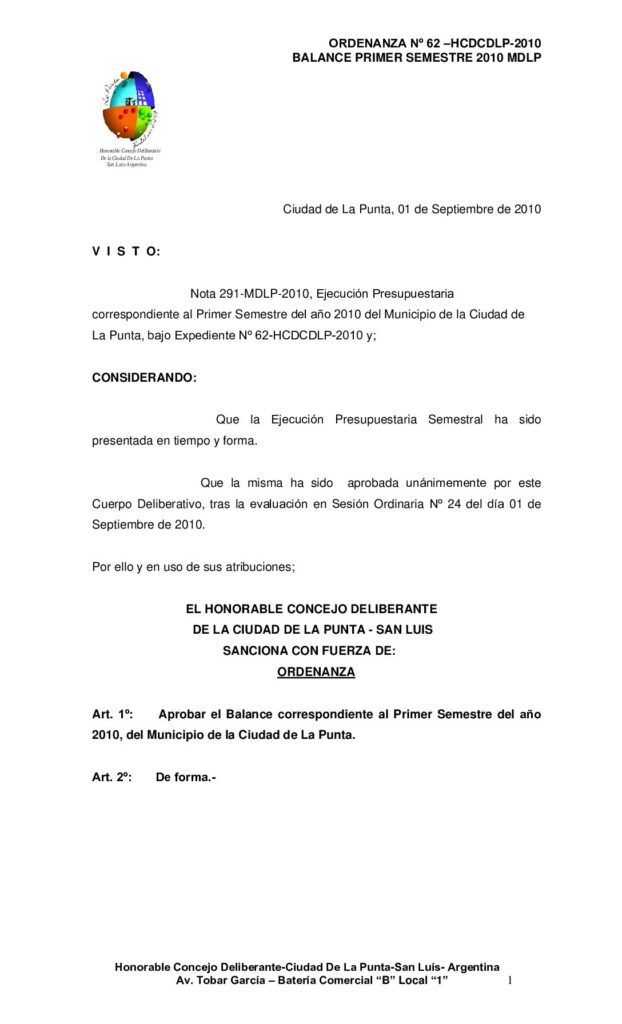 thumbnail of ORDENANZA Nº 62 BALANCE 1º SEM-2010