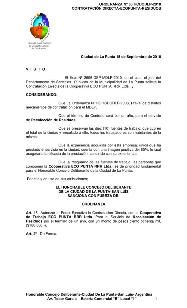 thumbnail of ORDENANZA Nº 63 CONT DIRECT. ECOPUNTA RESIDUOS