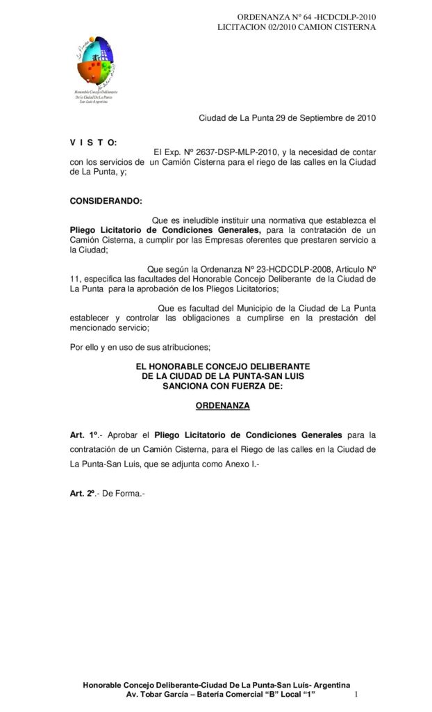 thumbnail of ORDENANZA Nº 64-LICITACION CAMION CISTERNA
