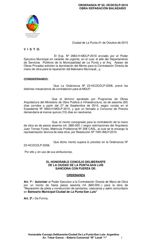 thumbnail of ORDENANZA Nº 65 CONTRAT. REPARACION BALNEARIO