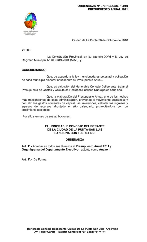 thumbnail of ORDENANZA Nº 70 PRESUPUESTO 2011