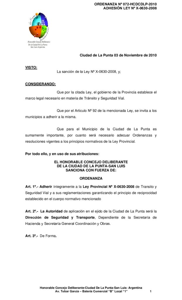 thumbnail of ORDENANZA Nº 72-ADHECION LEY X 0630 2008 TRANSITO