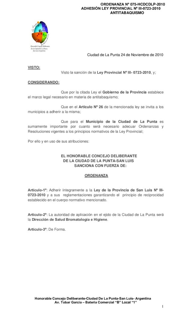thumbnail of ORDENANZA Nº 75 – ADHESION LEY ANTITABAQUISMO