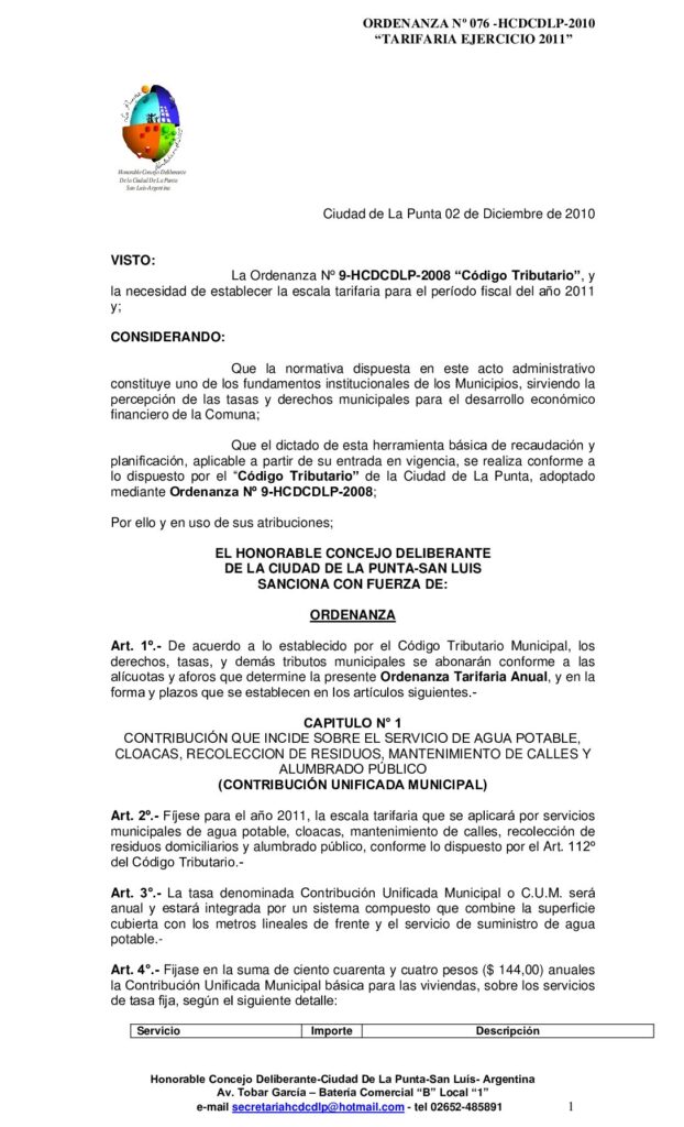 thumbnail of ORDENANZA Nº 76-TARIFARIA 2011