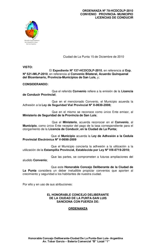 thumbnail of ORDENANZA Nº 78- CONVENIO GOV MUN- LICENCIAS- CIPE