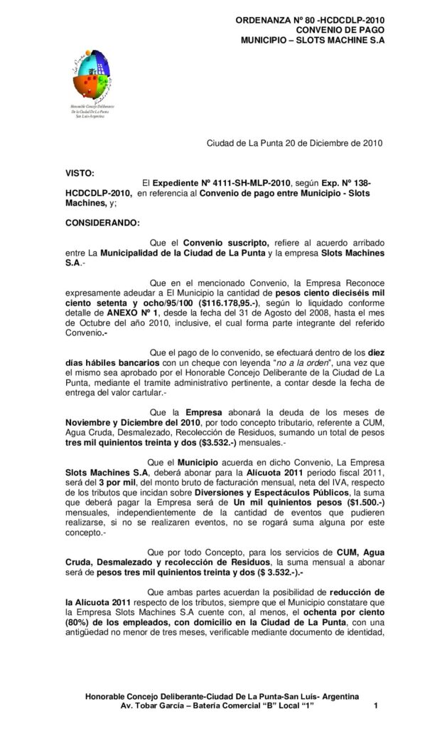 thumbnail of ORDENANZA Nº 80- CONVENIO DE PAGO MUNICPIO -SLOTS MACHINES