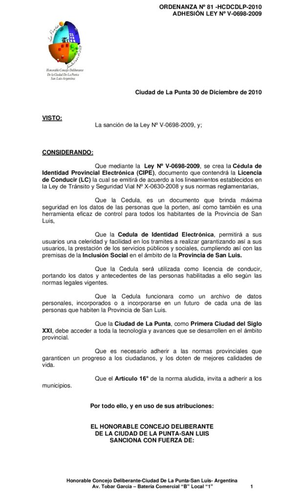 thumbnail of ORDENANZA Nº 81- ADHECION LEY V-0698-2009 CEDULA ELECTRONICA