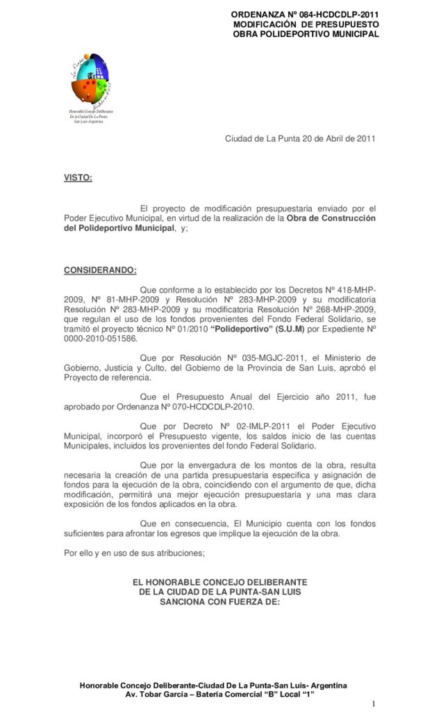 thumbnail of ORDENANZA Nº 84-MODIFICACION DE PRESUPUESTO