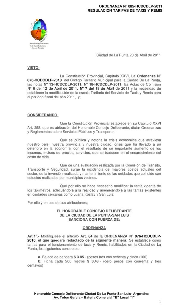 thumbnail of ORDENANZA Nº 85 TARIFA TAXI-REMIS 2011