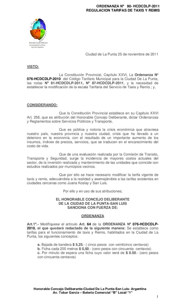 thumbnail of ORDENANZA Nº 90 MODIFICATORIA TARIFA TAXI-REMIS 2011