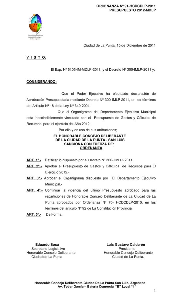 thumbnail of ORDENANZA Nº 91 PRESUPUESTO 2012