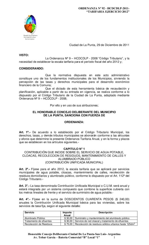thumbnail of ORDENANZA Nº 92 Tarifaria 2012