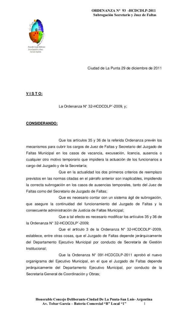thumbnail of ORDENANZA Nº 93 Subrogación Juez de Faltas