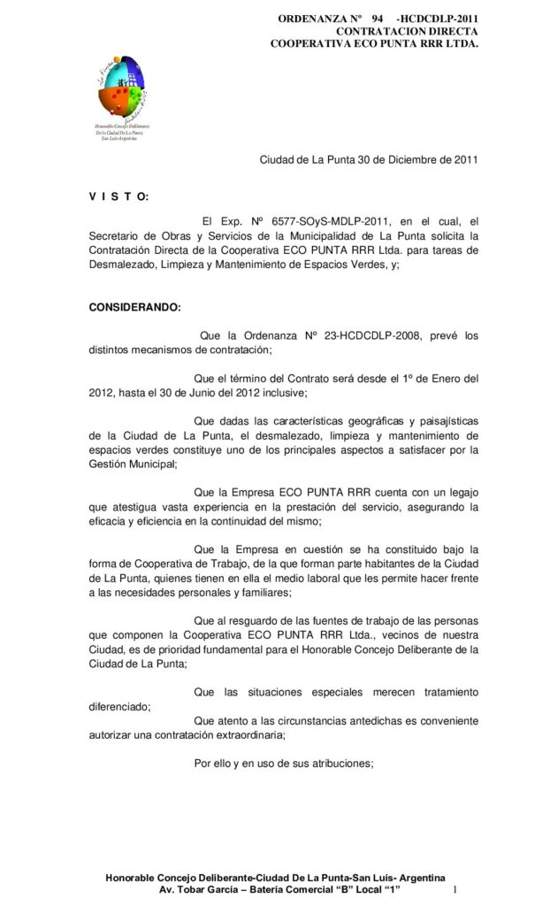 thumbnail of ORDENANZA Nº 94 CONT DIRECTA – ECOPUNTA Desmalezado, Limpieza y Mantenimiento de Espacios Verdes